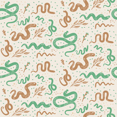 Seamless pattern featuring various stylized snakes in green and brown colors, complemented by leaves and dots on a light background. Vector hand drawn illustration.