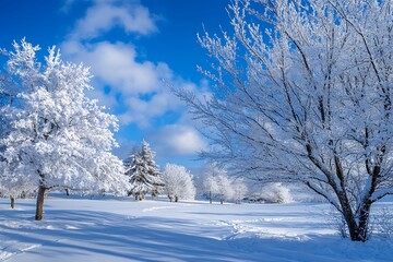 Obraz premium Snowy Winter Landscape with Trees and Blue Sky