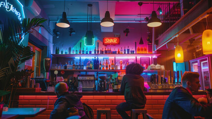 Naklejka premium Dogs hosting an interactive event in a neon-lit cafe, creating glowing experiences for small business marketing