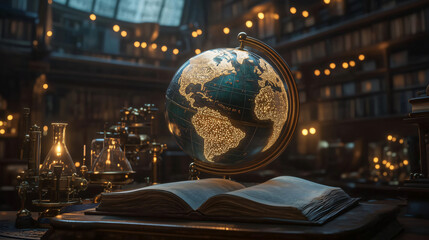 Steampunk globe illuminating antique library study with open book