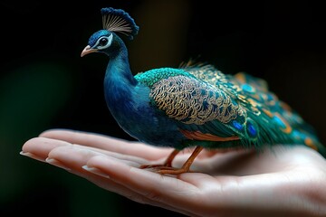 Obraz premium Miniature peacock in a hand, colorful feathers plumage, fantasy photography.