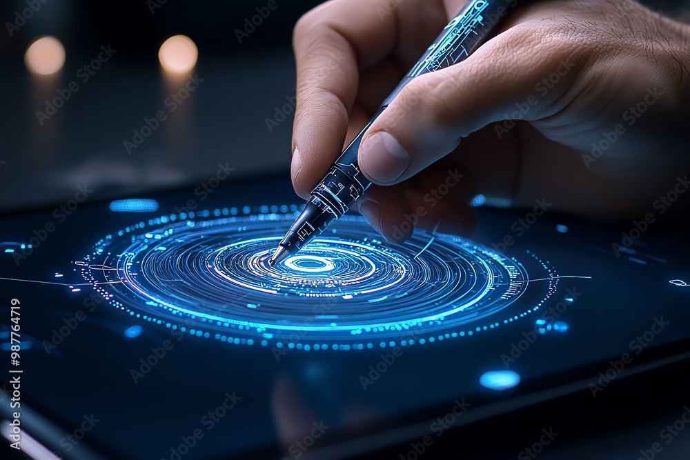 Poster a close-up of a hand holding a digital pen, working on a tablet with precision, symbolizing creative