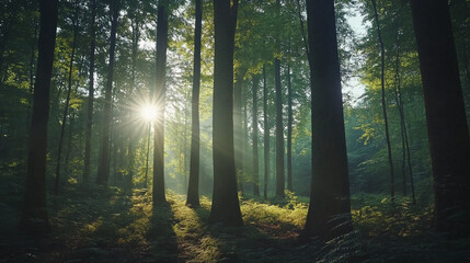 Obraz premium Beautiful forest panorama with bright sun shining through the trees, Pathway through the Pine Forest.