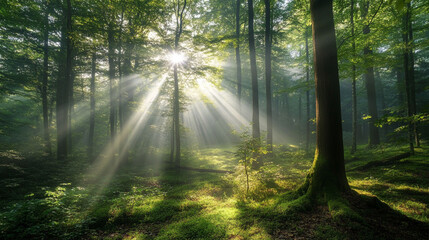 Fototapeta premium Experience a Breathtaking View of a Magical Forest with Tall Trees and Soft Early Morning Light, Sunlight peeks through a lush, green forest, casting long shadows and creating a serene.