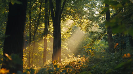 Experience a Breathtaking View of a Magical Forest with Tall Trees and Soft Early Morning Light, Sunlight peeks through a lush, green forest, casting long shadows and creating a serene.