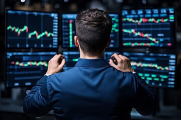 A stock market trader looking at multiple screens, analyzing capital investments and stock prices in real-time