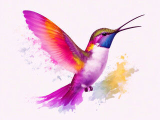 Obraz premium A vibrant hummingbird in mid-flight dominates the composition, its body angled slightly towards the viewer. The bird's wings are outstretched, creating a dynamic sense of movement.