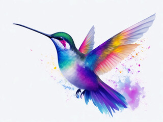 Obraz premium A vibrant hummingbird is captured mid-flight, its body angled slightly to the left against a clean, white background.