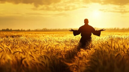 Man in Traditional Robe Standing in Golden Wheat Field at Sunset with Open Arms Embracing Nature