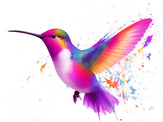 Obraz premium A vibrant hummingbird in mid-flight dominates the composition, its body angled slightly towards the viewer.