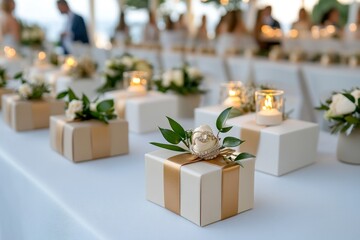 A table filled with wedding favors, personalized gifts for guests to take home and remember the special day
