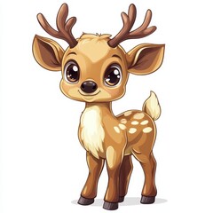 Cute cartoon deer illustration, featuring big eyes and playful antlers, perfect for children's stories and educational materials, white background