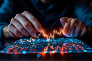 A trader using technical analysis tools, studying candlestick charts and indicators to forecast market trends