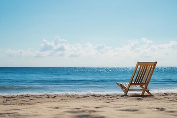 Lonely wooden chair on sandy beach overlooking the ocean, relaxing vacation concept