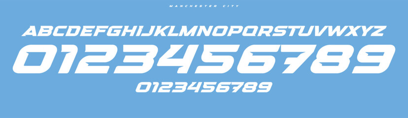 Dynamic italic automotive font, sleek bold numbers and letters for sports branding, racing designs. Streamlined lines emphasize speed, energy, and movement. Vector typeset