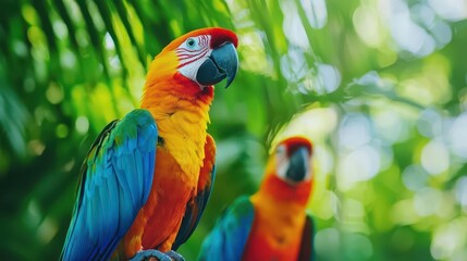 Obraz premium Tropical rainforest canopy with vibrant birds perched on branches, wildlife below moving quietly