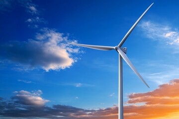 Fototapeta premium A wind turbine standing tall against a blue sky, with clouds moving in the background, symbolizing renewable energy