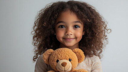 A happy little girl is holding a teddy bear, isolated on a white background