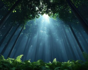 Obraz premium Misty forest with towering trees, sunlight breaking through the canopy, wildlife peeking through the underbrush