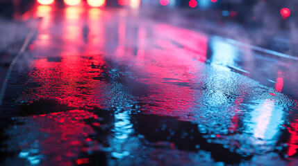 Light Blue, Purple, Pink Background with Neon Spotlights, A vibrant urban night scene captured in the rain, showcasing colorful lights.