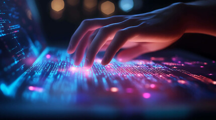 A hand types on a laptop keyboard with a glowing screen displaying lines of code.