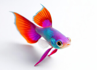 Colorful Betta Fish with Long Fins Swimming in White Background