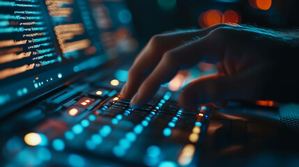 Close-up of a hand typing on a backlit keyboard.