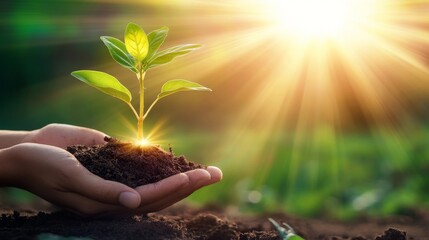 Fototapeta premium Sustainability Concept with Hands Holding a Tree Growing from Soil