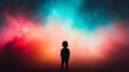 A child's silhouette against a backdrop of multicolored galaxies, representing the endless possibilities of a young mind