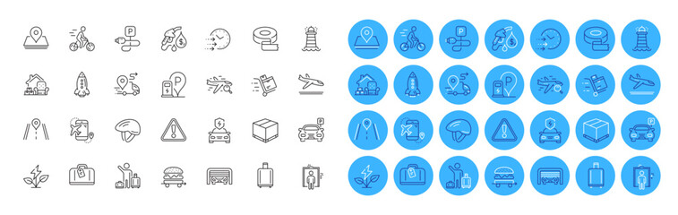 Parking, Petrol station and Airport transfer line icons pack. Parking garage, Road, Warning web icon. Rocket, Baggage reclaim, Car charging pictogram. Inventory cart, Eco power, Packing things. Vector