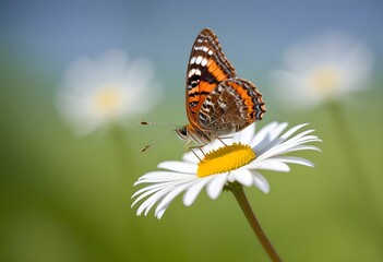 Obraz premium A butterfly with intricate wing patterns perched on a white daisy flower against a blurred green background