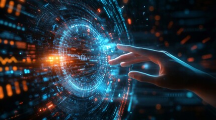 Fototapeta premium Human Hand Reaching for a Glowing Holographic Interface
