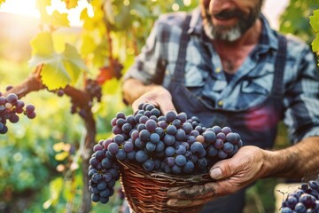 Obraz premium Winemaker harvesting red grapes in vineyard during wine harvest