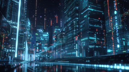 Financial growth strategies powered by AI in a futuristic metropolis, where floating data charts predict profits