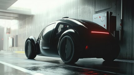 Black futuristic car parked in a dimly lit garage
