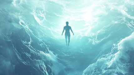Fototapeta premium Mental Health and Stress Relief Represented by Floating Figure in Serene Ocean