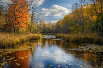 Fototapeta premium Autumn reflection in calm lake surrounded by colorful trees