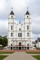 Fototapeta premium Beautiful view of the white Chatolic Church basilica in Latvia, Aglona. Basilica in Aglona, Latvia. 21.09.2024.