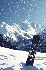 a crisp, detailed shot of a snowboard standing upright in the snow, with a mountainous backdrop and snowflakes falling illustration