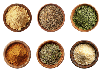 Ginger Powder, Cumin Seeds, Dried Lovage, Cinnamon powder, Rosemary, and Garlic Powder arranged in wooden bowls offer a diverse collection of spices and herbs for flavorful cooking