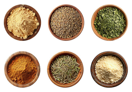 Ginger Powder, Cumin Seeds, Dried Lovage, Cinnamon powder, Rosemary, and Garlic Powder arranged in wooden bowls offer a diverse collection of spices and herbs for flavorful cooking