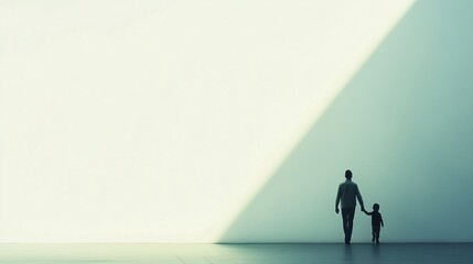 Fototapeta premium Parent and child walking hand in hand in a minimalist setting with dramatic light