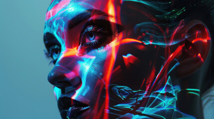 Futuristic Halloween makeup that uses holographic elements to create an ever-changing, digital mask of terror
