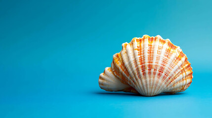 A single seashell with orange and white stripes sits on a blue background.