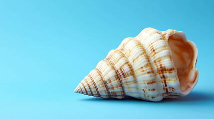 Fototapeta premium A large spiral seashell on a light blue background.