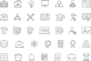 Education simple thin line icons. E-learning, tutorial, distance learning, video and audio courses collection. Academy, school, college, student. Vector illustration.