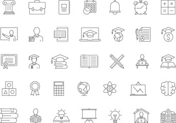 Education simple thin line icons. E-learning, tutorial, distance learning, video and audio courses collection. Academy, school, college, student. Vector illustration.