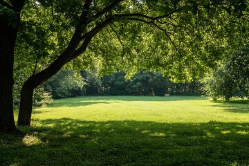 Naklejka premium Sunlight filtering through lush tree canopy in a park