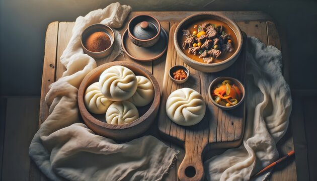 Tingmo steamed Tibetan bread served with hearty beef stew (Tibetan Cuisine)