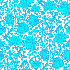 Abstract blue flowers, white background, boho style ornament. Seamless floral pattern-416.